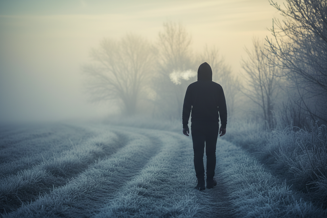 a man walking on a cold morning away from the camera in a all black hoodie