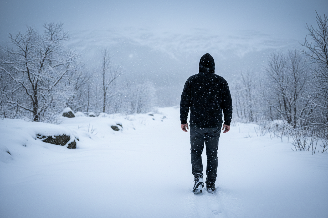 make him walking away from the camera, and make it a black hoodie not a jacket