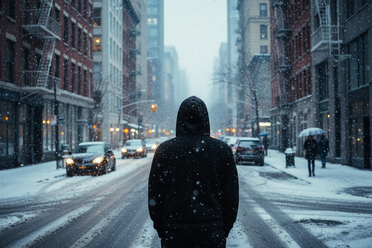 man wearing black hoody with back facing the camera in the city with snow